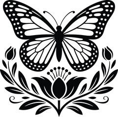Fototapeta premium Elegant Butterfly on a Flower Silhouette Vector Illustration 