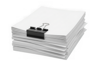 Stack of blank papers secured by clip office supply isolated on transparent background