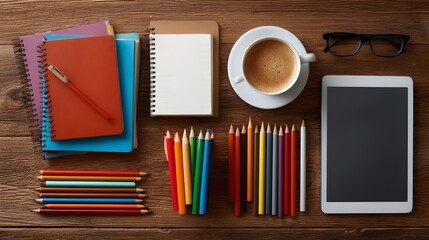 Flat lay of notebooks, colored pencils, tablet, glasses, and coffee on a wooden desk. Concept :Study environment, creativity, education tools, remote learning, organized workspace