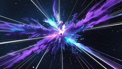 Futuristic hyperspace journey through a vibrant purple and blue cosmic nebula. An abstract depiction of a wormhole or light speed travel.
