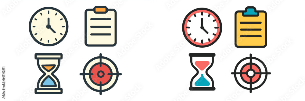 Poster unique clock and target icons representing time management and productivity tools for effective plan