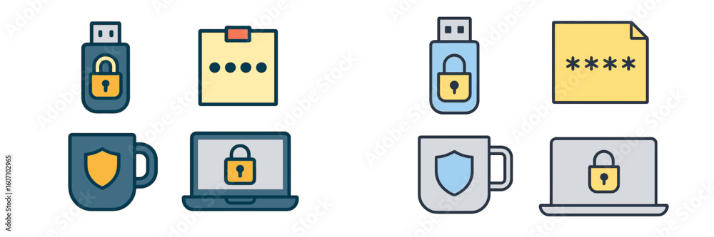 Poster digital security icons representing data protection tools and practices for safe online activities i
