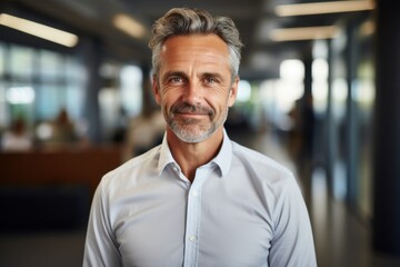 Obraz premium Professional business portrait of a mature man in an office environment capturing confidence and leadership in a modern workplace setting