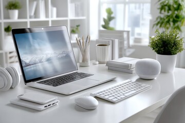 Modern workspace with laptop, accessories, and greenery for creative productivity