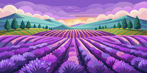 Stunning lavender field landscape with mountains, capturing the essence of Provence's beauty and tranquility