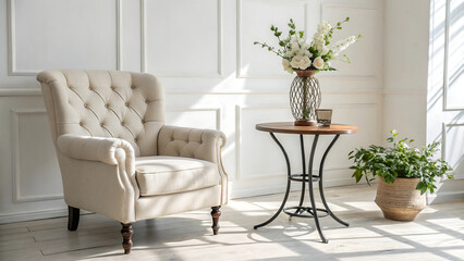 Elegant tufted armchair and decorative table with floral arrangement in a sunlit room