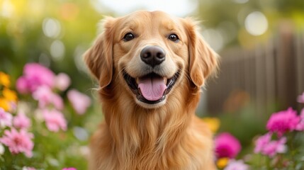 Happy golden retriever in a garden setting