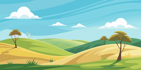 Scenic rolling hills landscape illustration with cartoon trees and vibrant sky for peaceful storybook illustration