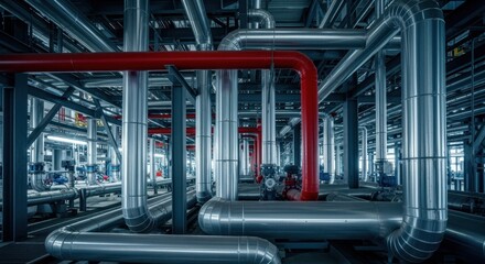 Interior of an industrial plant showcasing a complex arrangement of red and silver pipeline infrastructure.