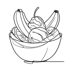 Minimalist continuous line art of a classic banana split dessert with a cherry on top.