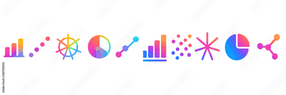 Poster colorful data visualization icons representing analytics concepts and graphs in a modern design