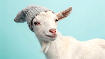 Fototapeta premium A cute white goat wearing a knitted hat, isolated on white background, with a charming and gentle expression transparent background