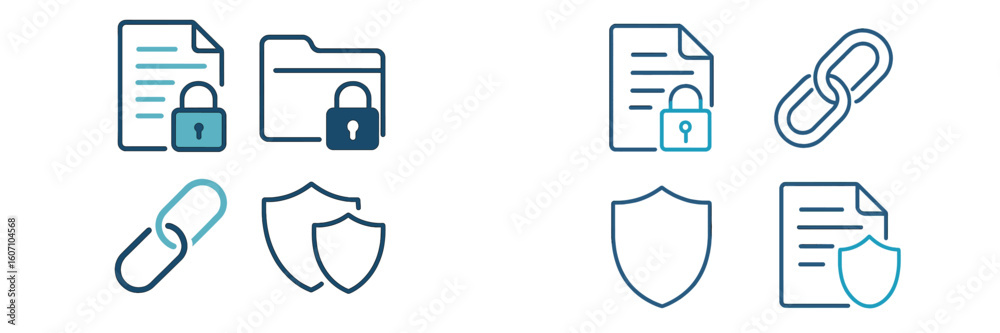 Poster graphics depicting digital security concepts and data protection techniques with icons representing 