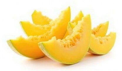 A group of cantaloupe slices arranged together on a white surface in a studio setting for a food shot