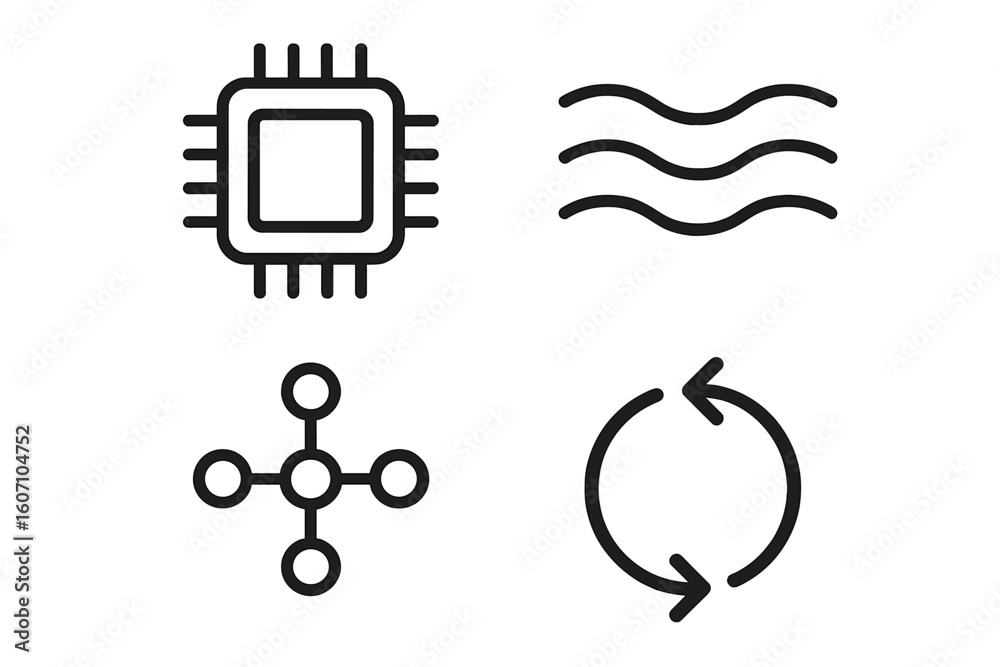 Poster symbols representing technology concepts and processes in a minimalist design relatable to modern co