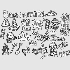 Firefighters doodle vector and illustration