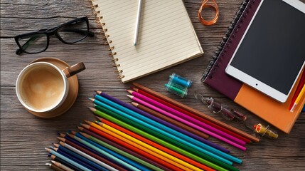 Flat lay of notebooks, colored pencils, tablet, glasses, and coffee on a wooden desk. Concept :Study environment, creativity, education tools, remote learning, organized workspace
