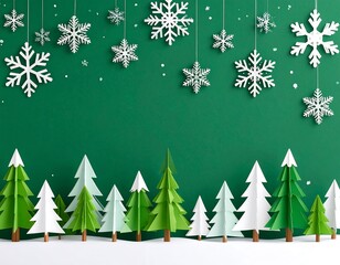 Paper snowflakes and Christmas trees on green background
