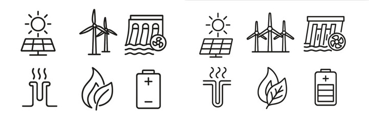 Renewable energy symbols including solar, wind, hydro, and battery icons for sustainable technology representation