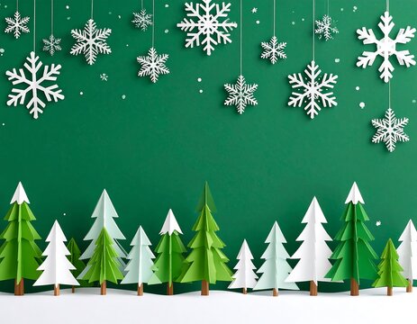 Paper snowflakes and Christmas trees on green background
