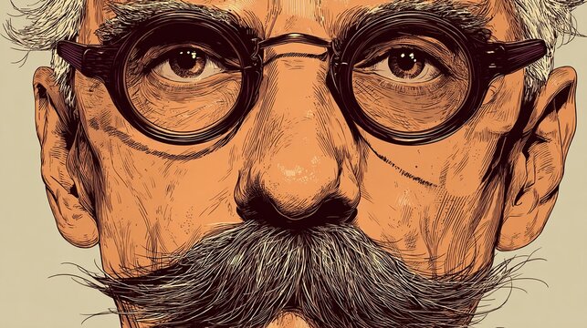 Close-up illustration of an elderly man's face with glasses and large mustache