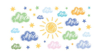 Colorful Clouds and Stars Vector Illustration - Cute Weather, Sky, and Space Elements for Kids, Nursery Decor and Designs