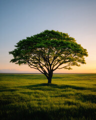 Fototapeta premium Beautiful big tree alone in vast open field, lush green grass, serene sunset, peaceful atmosphere, nature landscape, tranquil scene