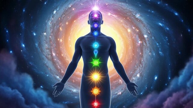 A silhouette of a human figure stands in meditation, with seven colored chakras glowing along the spine, set against a backdrop of a swirling galaxy and starry cosmos
