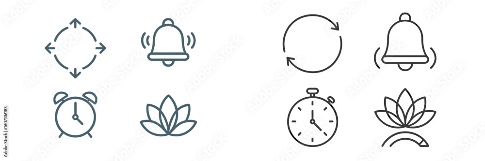 Poster collection of clock and notification icons depicting various functions in a minimalist design