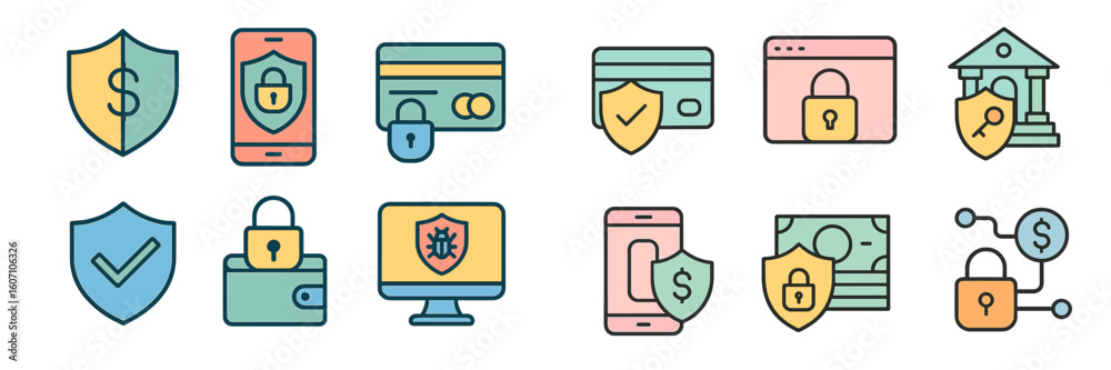 Poster various icons representing security and financial protection measures in digital transactions displa