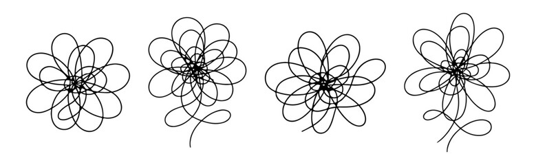 Set of abstract floral elements created with continuous looping lines. Hand-drawn flower shapes with chaotic sketch style. Artistic modern botanical concept