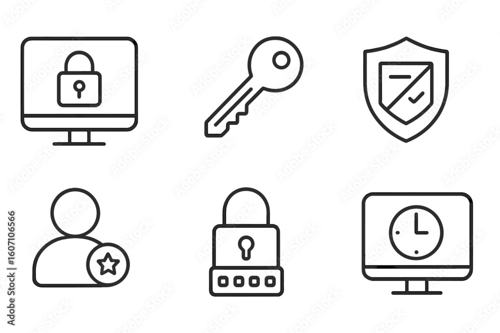 Poster security icons representing digital safety, encryption, and user authentication on a screen