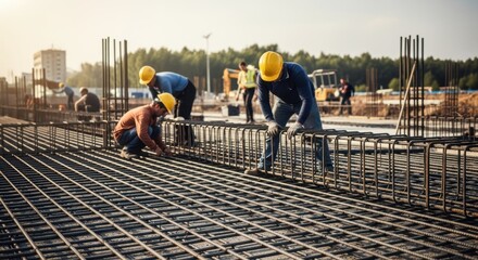 Groundlevel view of structural steel rebar being set for foundation slab