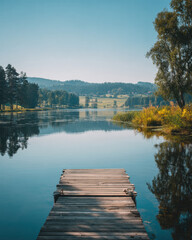 Calm lake with wooden pier, clear blue sky, green trees, peaceful water reflections, summer landscape, tranquil mood