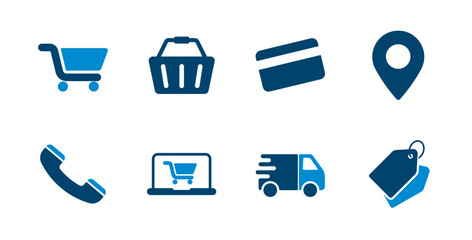 Icons for shopping, ecommerce, shipping, payment, contact, price tag, location. Solid vector icon.