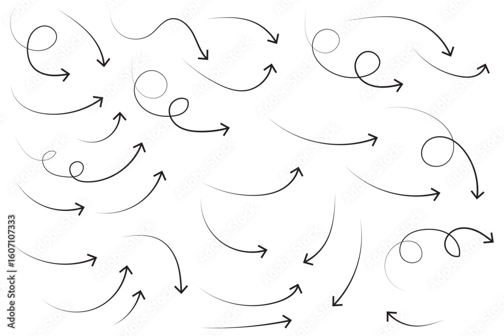 Wall mural arrows hand drawn doodle icons set. curved cartoon arrows sketches collection. flat and thin pointer