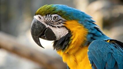 Obraz premium A closeup shot of a blue and yellow macaw parrot with its vibrant feathers and sharp beak transparent background