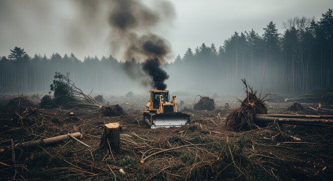 Bulldozer amid cleared woodland with uprooted trees and rising smoke symbolizing forest destruction and land clearing.