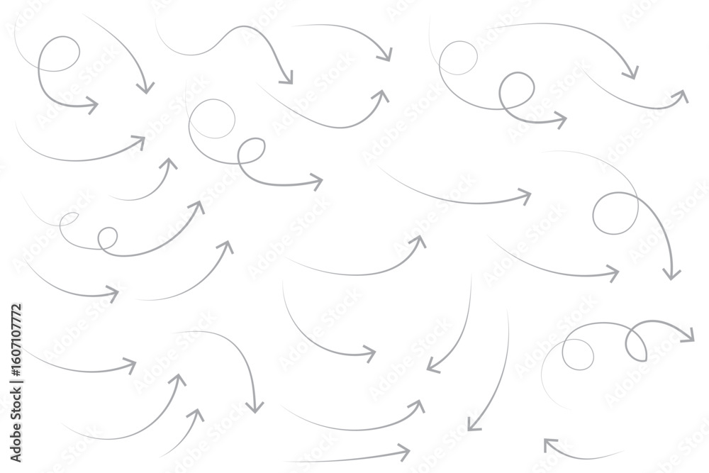 Wall mural arrows hand drawn doodle icons set. curved cartoon arrows sketches collection. flat and thin pointer