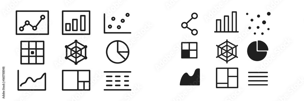 Poster various simple black and white graphs and charts demonstrating different data visualization techniqu