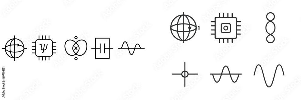 Poster graphic design featuring abstract symbols representing technology and science concepts in a minimali