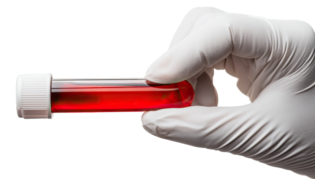 Hand in lab glove holding a test tube with a red liquid