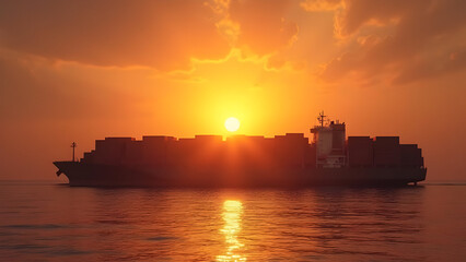 Obraz premium Sunset silhouette of container ship on calm waters