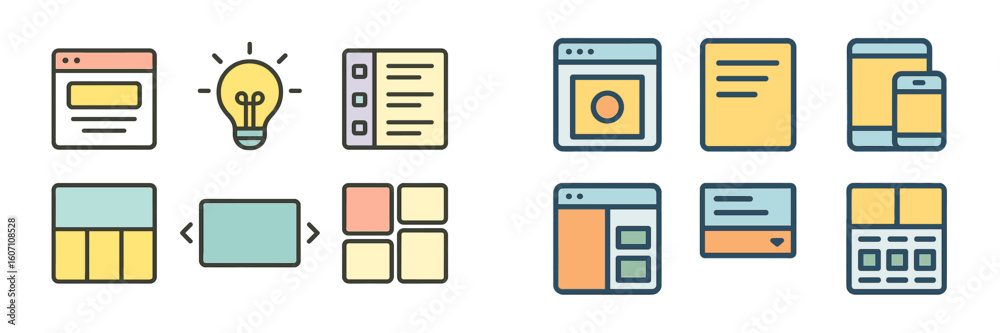 Poster colorful design elements showcasing user interface components and web layout concepts for digital ap