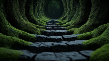 Fototapeta premium Stony Path Through Enchanted Forest with Lush Green Moss and Dark Foliage