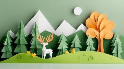 Whimsical Paper Art Landscape Featuring Deer, Trees, Mountains, and Playful Chicks
