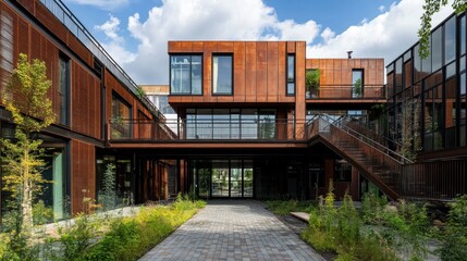 Obraz premium A brick walkway leads to the courtyard of the building