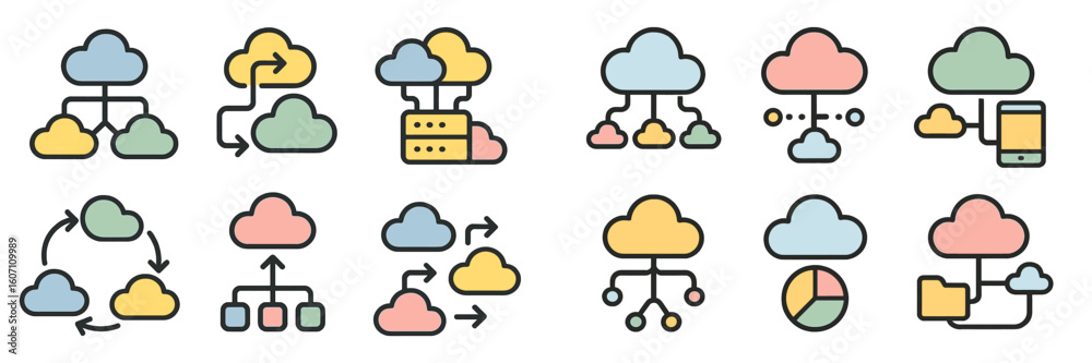 Poster cloud computing icons representing various concepts and functionalities in a modern digital environm