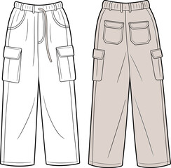 Flat vector CAD drawing of women’s wide-leg cargo pants with drawstring waist, flap pockets, back patch pockets, technical fashion sketch
