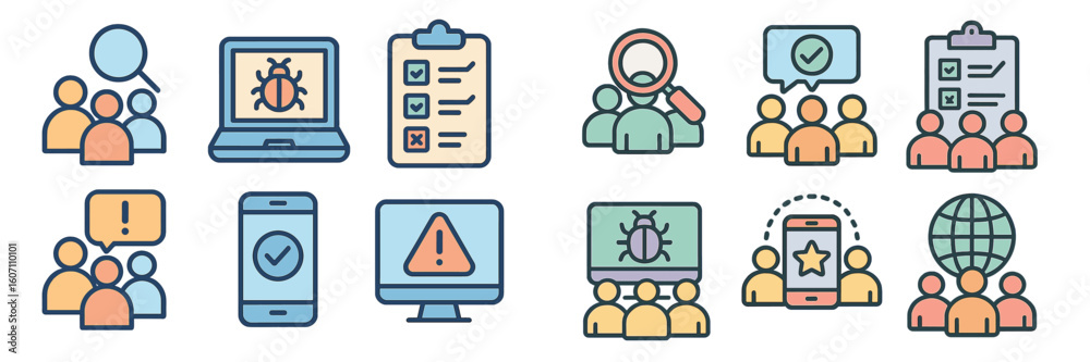 Poster icons depicting various aspects of bug tracking and project management within a digital workspace en
